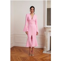 Lavish Alice SALMA Fluted Sleeve Micro Rose Button Midi Dress in Pink
