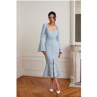 Lavish Alice SERENA Fluted Sleeve Micro Shell Button Midi Dress in Light Blue SM