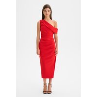 Lavish Alice LINA One Shoulder Pleated Midi Dress in Red