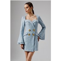 Lavish Alice REBECCAH Oversized Rose Button Boucle Blazer Mini Dress in Blue