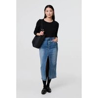 Izabel London Washed Denim Split Hem Knee Length Skirt women's Midi Skirts in Blue