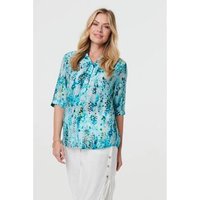 Izabel London Printed Sleeve Relaxed V-Neck Blouse women's Shirt in Blue
