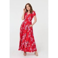 Izabel London Floral Short Sleeve Shirred Maxi Dress women's Long Dress in Red