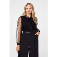 Izabel London Semi Sheer Sleeve Tie Neck Knit Top women's Blouse in Black