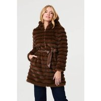 Izabel London Faux Fur Striped Tie Waist Longline Coat women's Coat in Brown