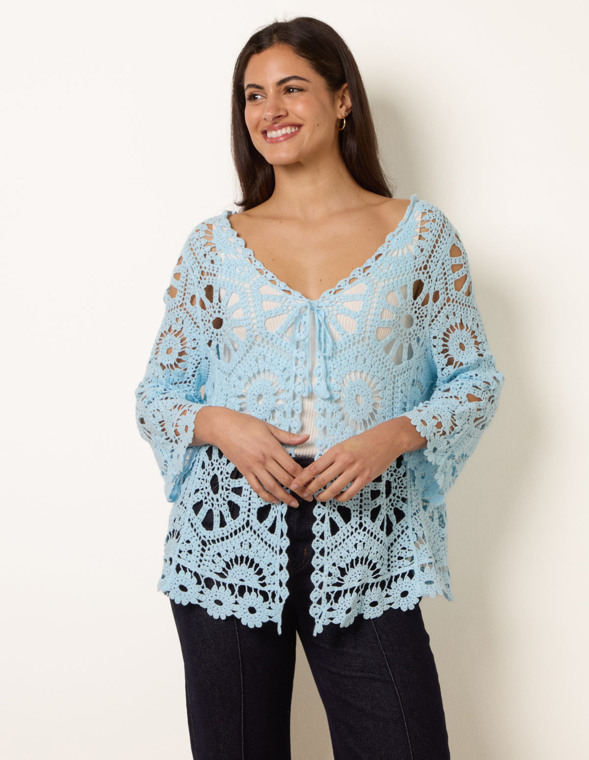 Long-Sleeved Crochet Cardigan - SM LIGHT BLUE