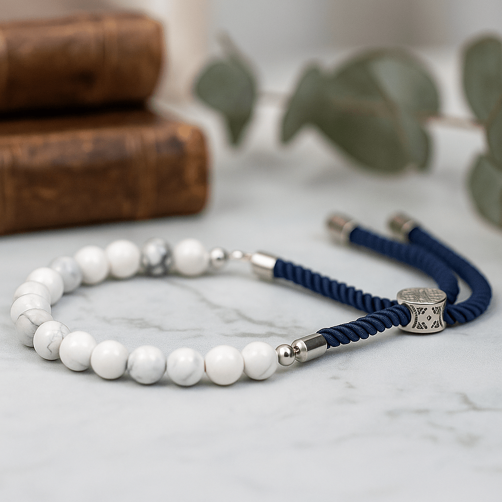 White Howlite Bracelet Navy String Silver Plated