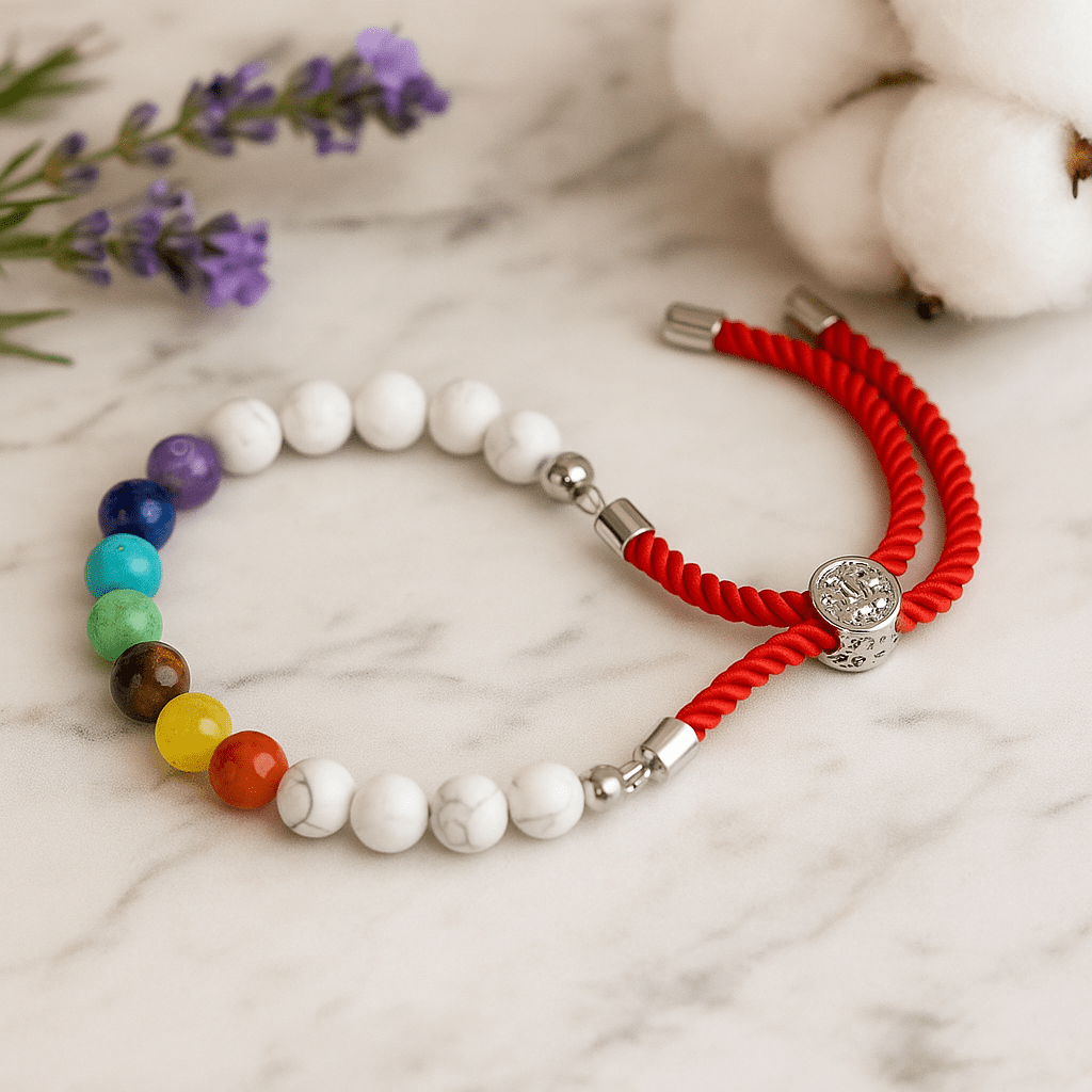 White Howlite Chakra Red String Bracelet Silver Plated