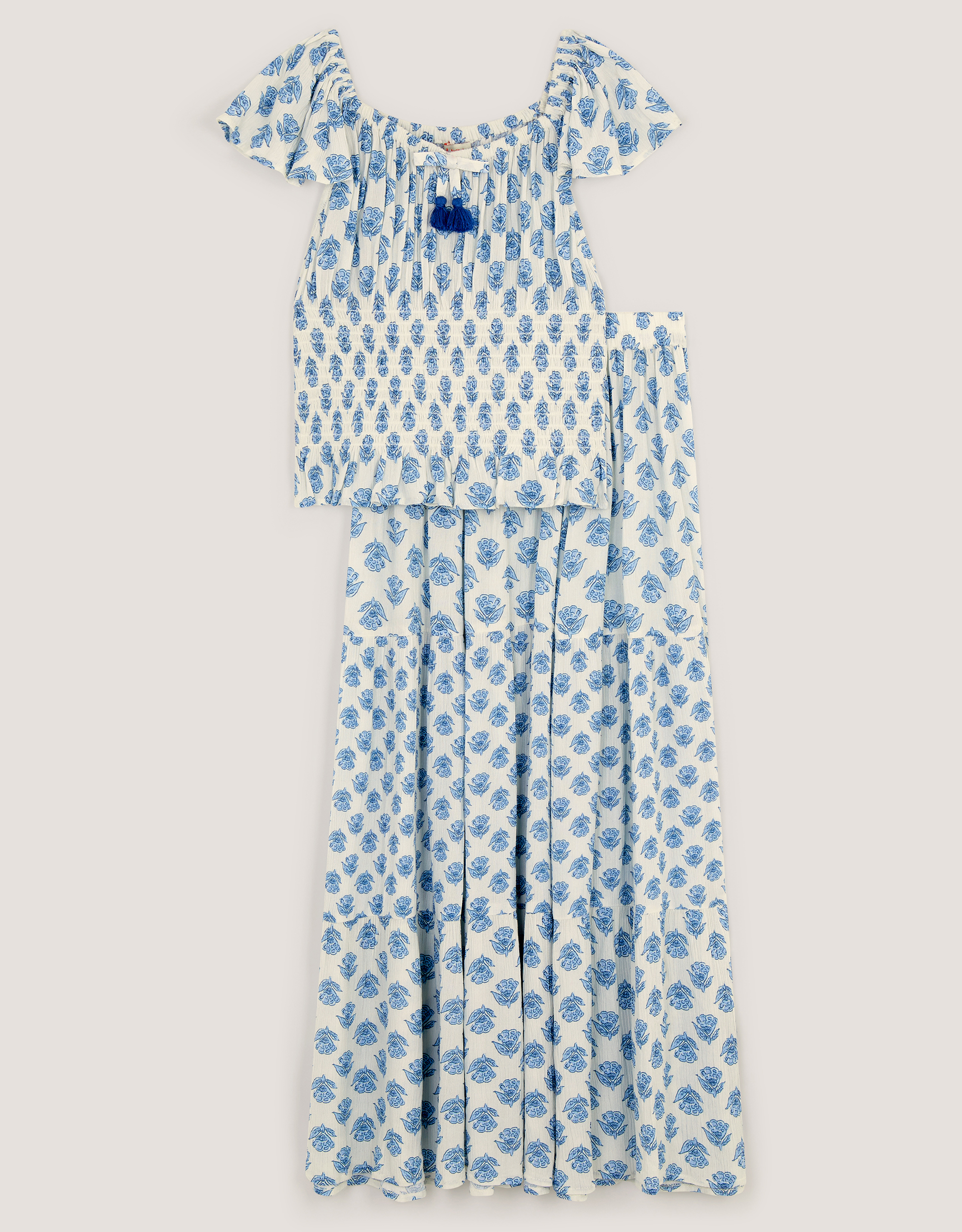 Floral Print Smocked Top & Maxi Skirt Set White