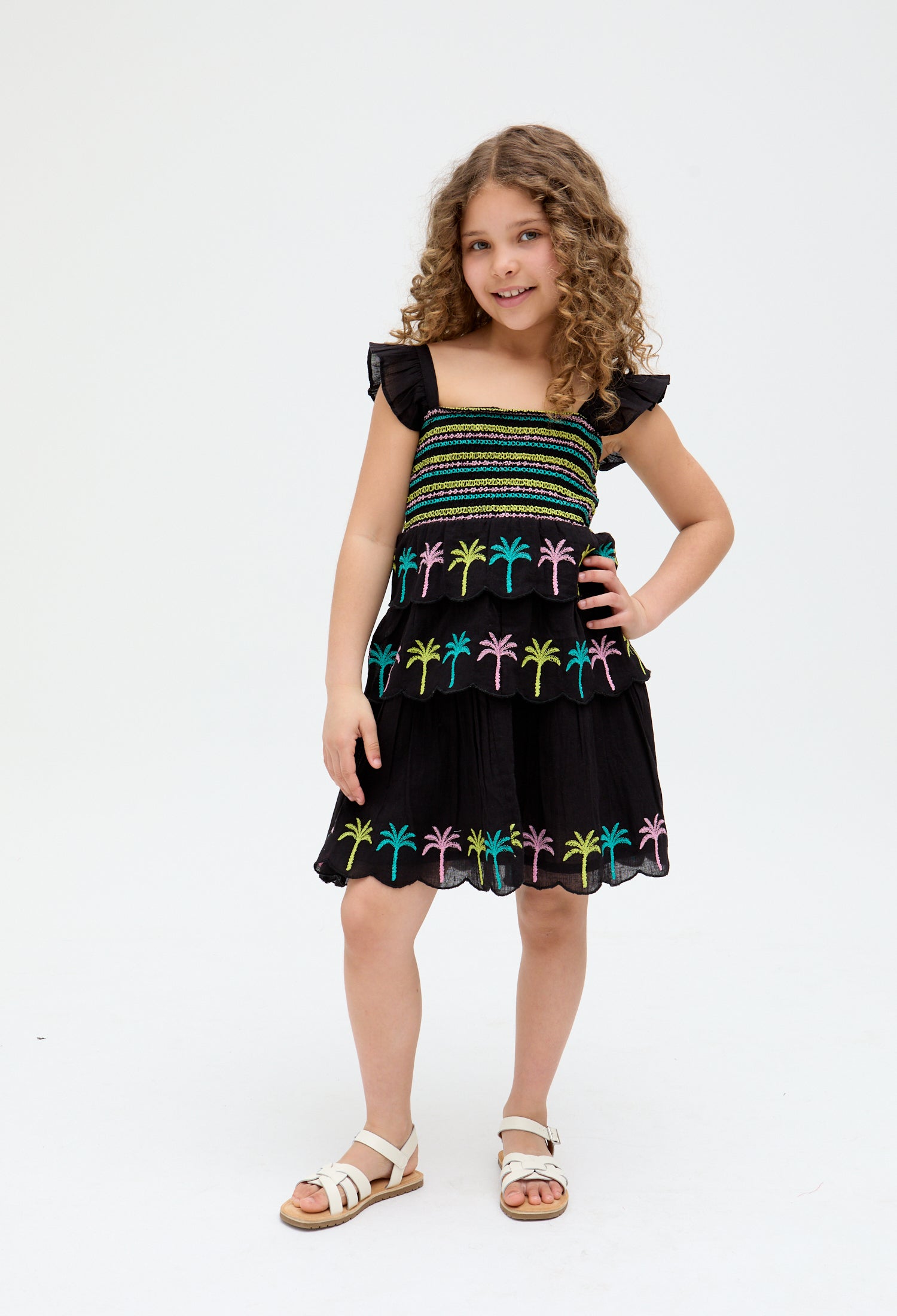 Kids Rose Ruffle All Over Embroidered Dress In Black - years