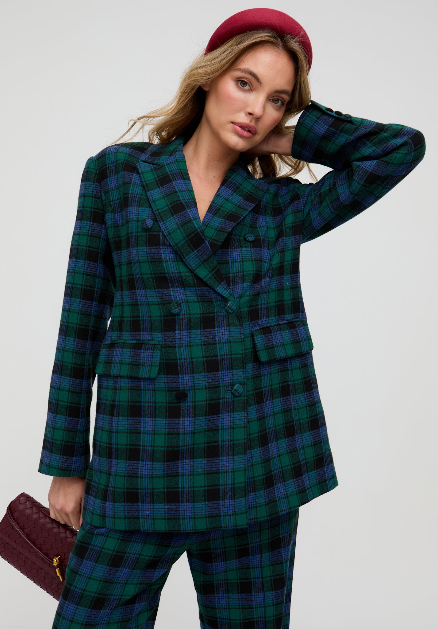 Zena Double Breasted Prince Of Wales Check Print Jacket In Blue