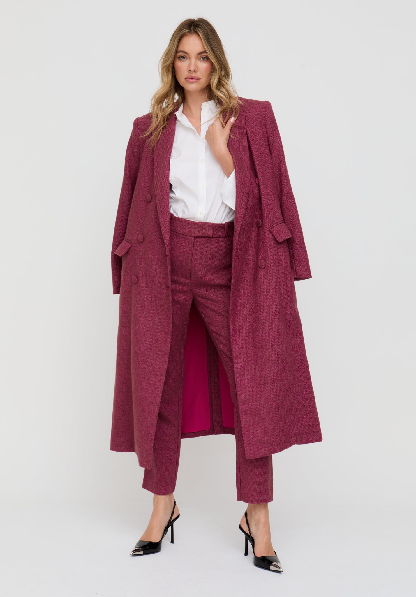 Jakki Tailored Herringbone Print Coat In Pink