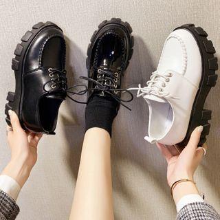 Platform Lace-Up Loafer Shoes Patent Leather - Black