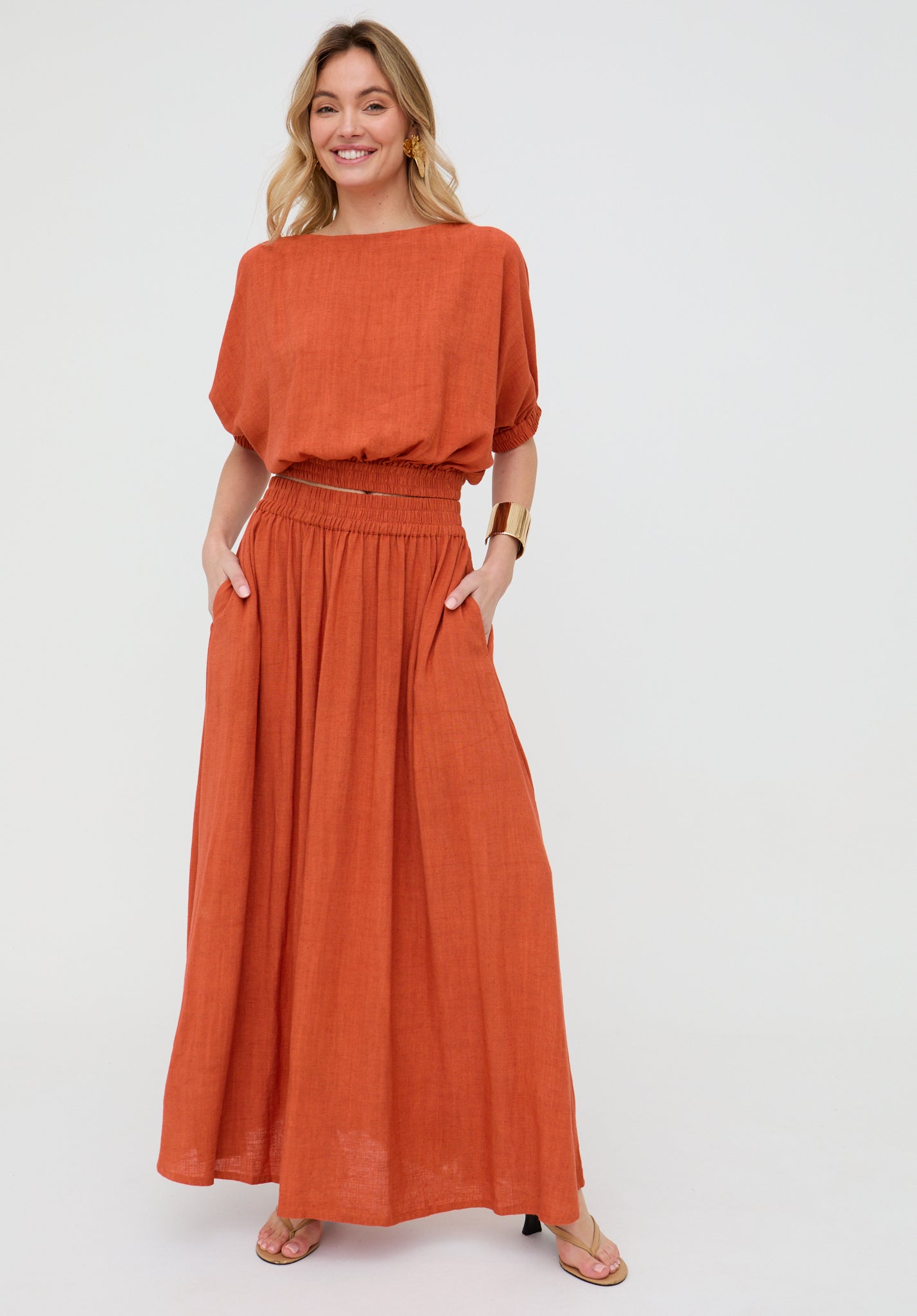 Sesame Elasticated Waist Maxi Skirt In Rust