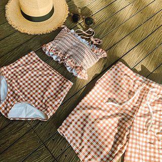 Couple Matching Two-Piece Swimsuit Swim Shorts Women - Swimsuit - Gingham - Brown & White