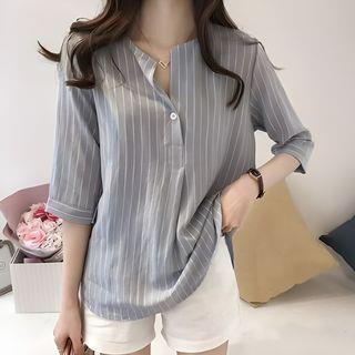 Elbow-Sleeve Striped Blouse Dark Blue