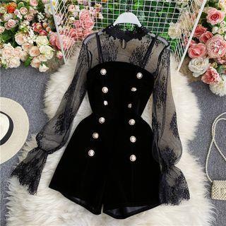 Set: Long Sleeve Mesh Top + Double Breasted Velvet Playsuit Black