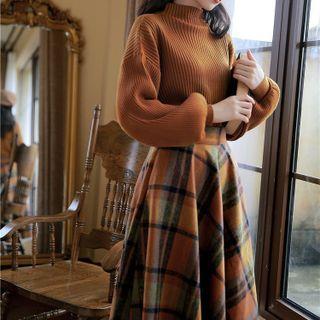 Set: Mock-Neck Sweater + Plaid Midi A-Line Skirt Set of - Sweater - Yellow - One Size Skirt - Coffee
