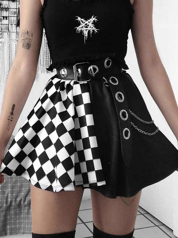 Halloween Gothic Skirt For Women Black Chains Grommets Hip Hop Polyester Plaid Pattern Mini Skirt