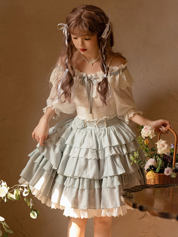 Academic Lolita Outfits Light Sky Blue Ruffles Lace Short Sleeves Skirt Top