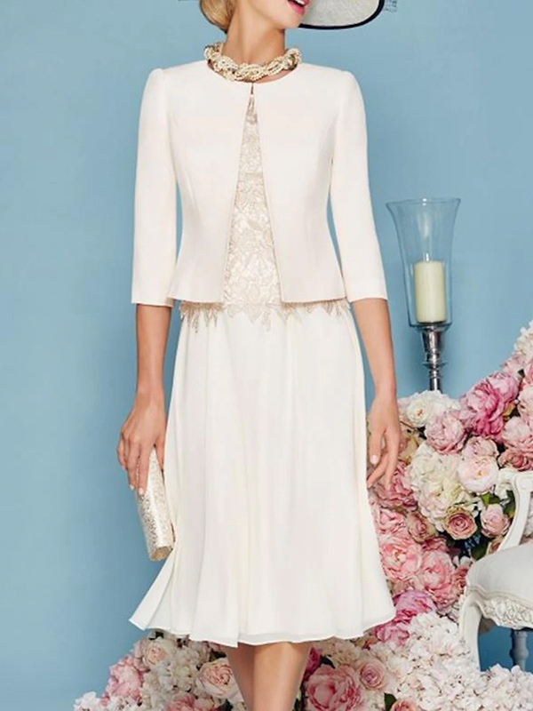 Mother Dress Jewel Neck Three Quaters Sleeves Tea-Length A-Line Guest Dresses For Wedding