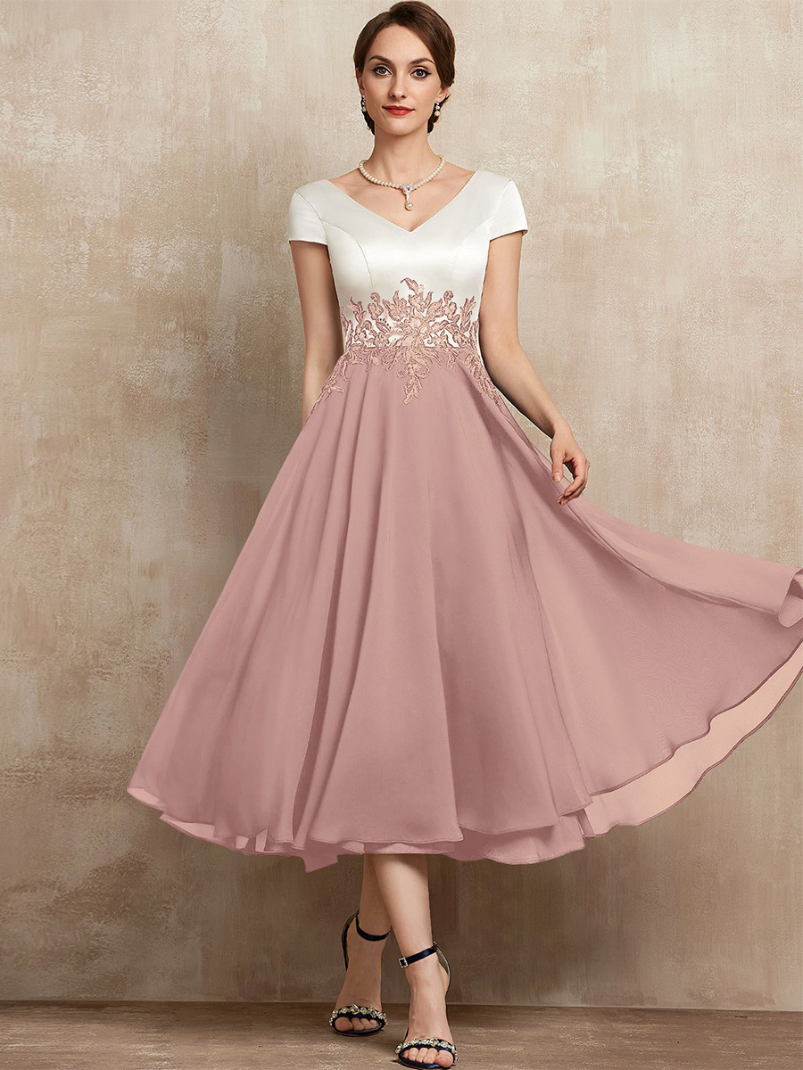 Mother Dress V-Neck Short Sleeves A-Line Lace Tea-Length Guest Dresses For Wedding
