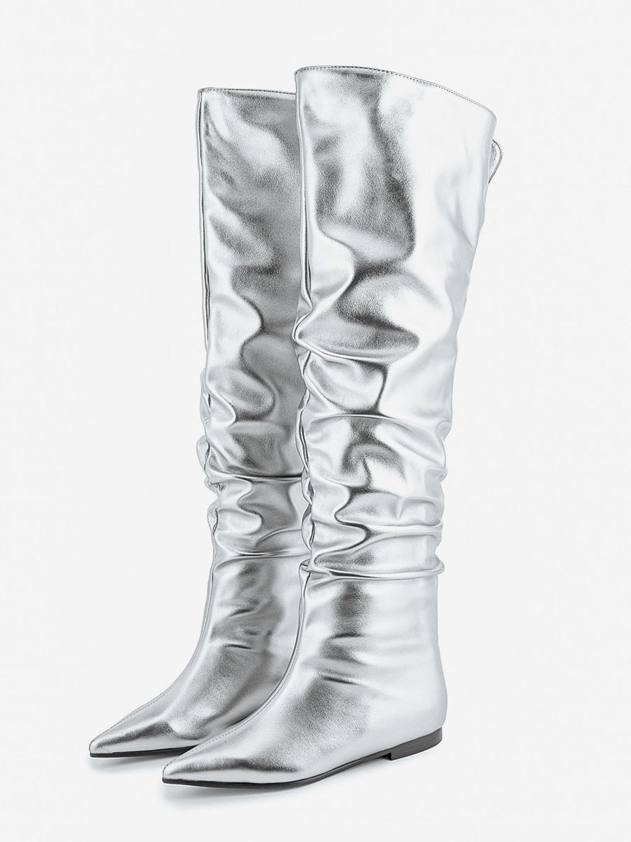 Silver Knee High Boots Metallic Pointed Toe Slouch Flat Boots