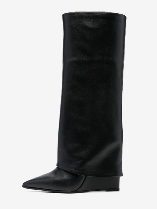 Black Knee High Boots Wedge Heel Foldover Boots For Women