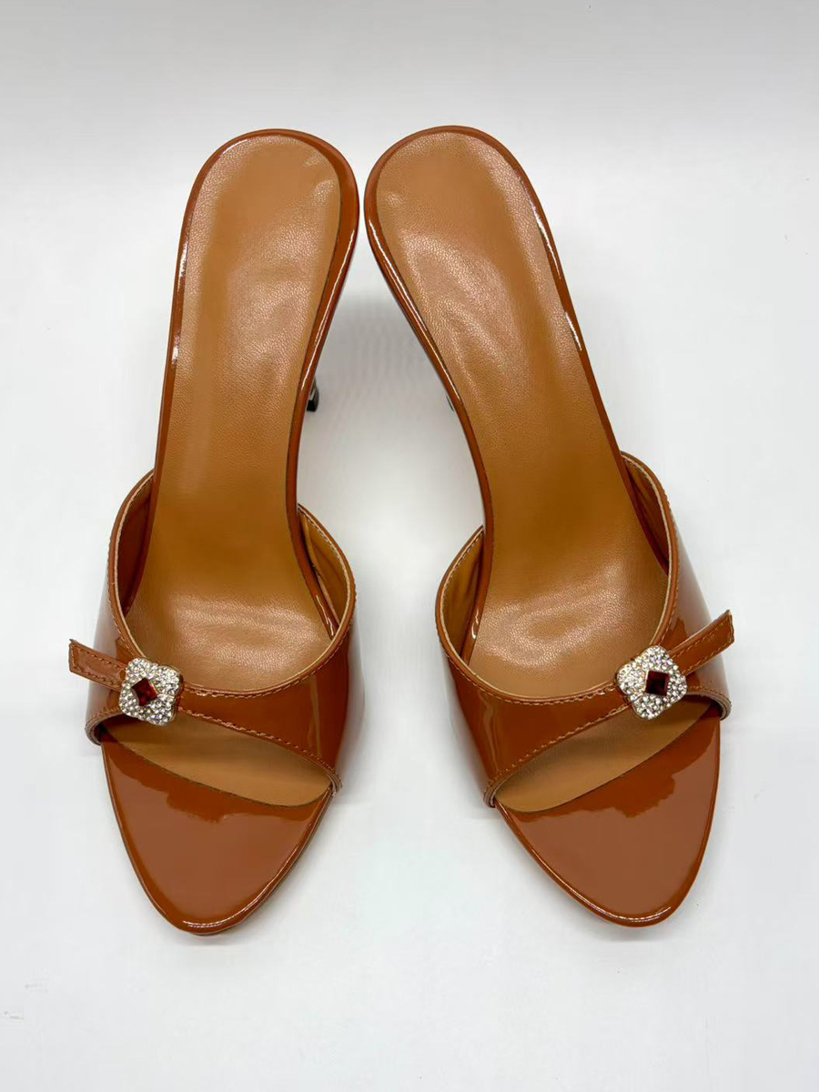 Brown High Heel Mules Open Toe Rhinestones Backless High Heel Sandals