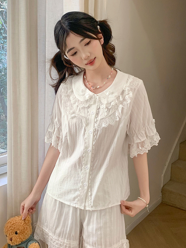 Sweet Lolita Blouses Lace Bows Lolita Top Short Sleeves Blouse Lace Black Lolita Shirt