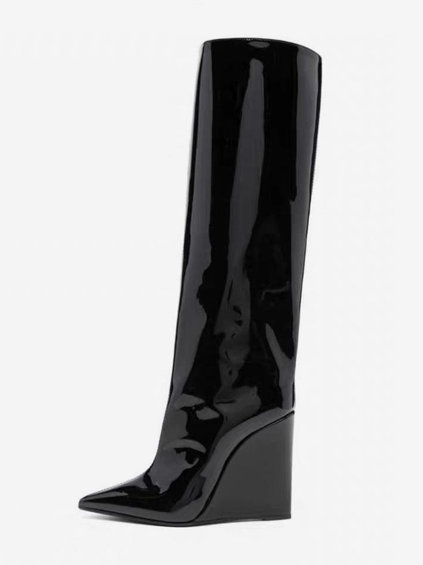 Black Knee High Boots Women's Pointed Toe Wedge Knee Length Boots