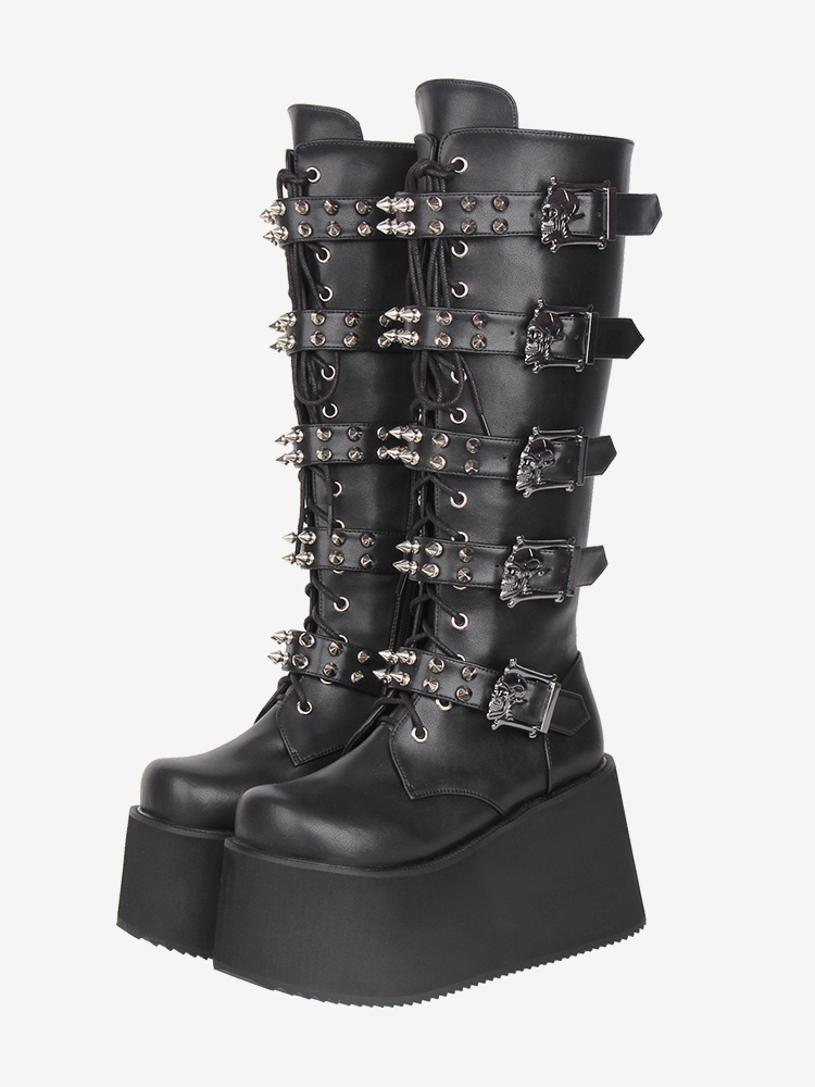 Gothic Lolita Boots PU Leather PU Round Toe Black Wedge Heel Lolita Shoes