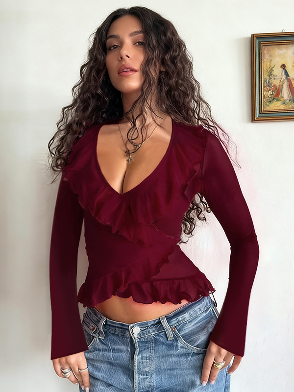 Romantic Ruffle Women's Wrap Top - V Neck Long Sleeve - Coquette Aesthetic Spring Date Night Wear