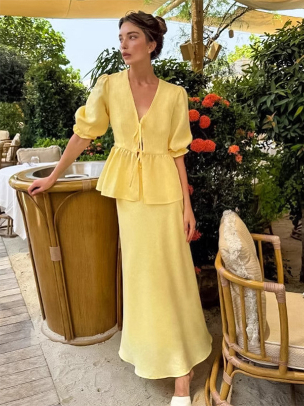Peplum Top Maxi Skirt Set Women Elegant Two Piece Outfit - Yellow French Tie Front Puff Sleeve - Summer Beach Vacation