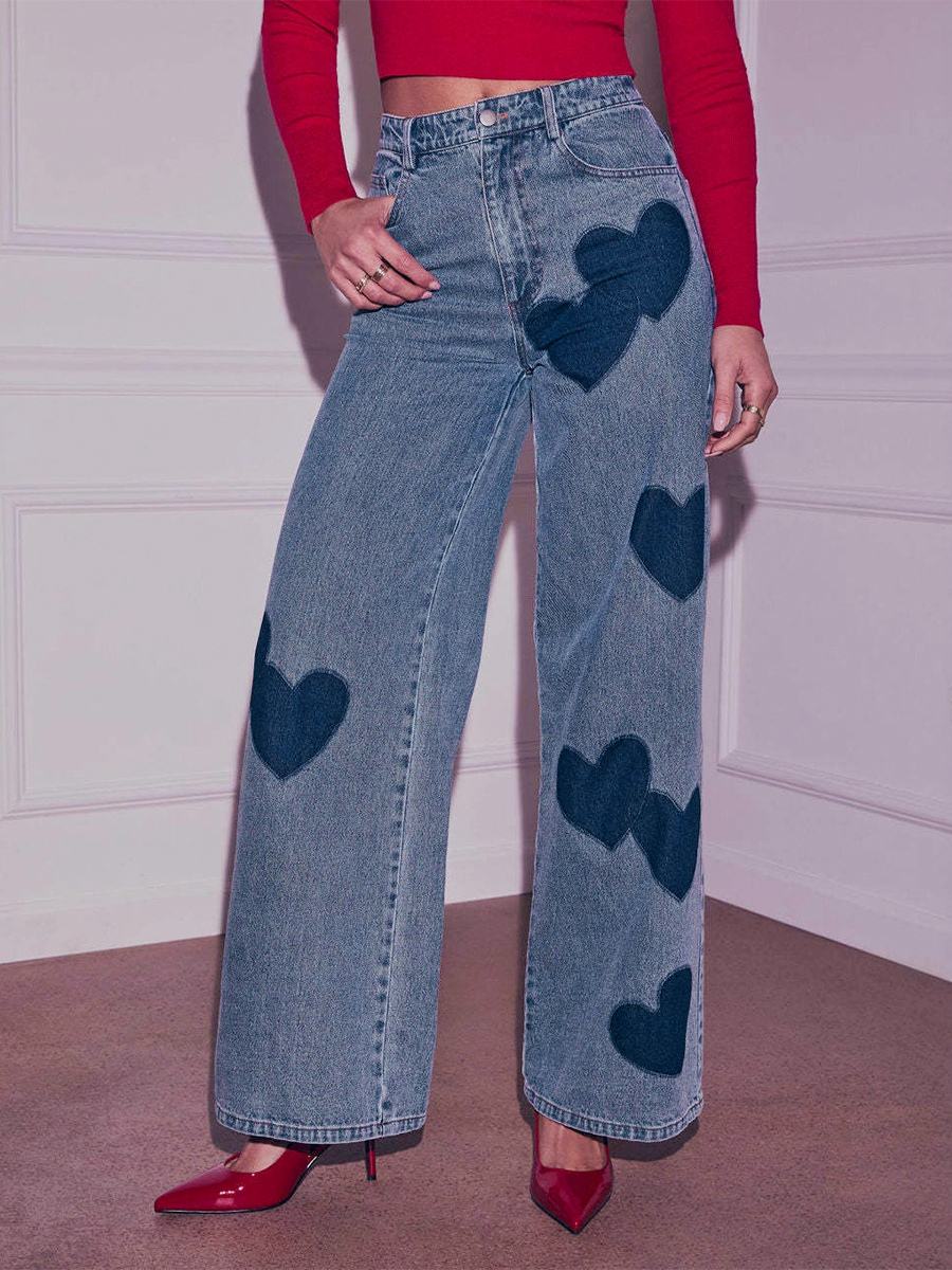 Heart Pattern Wide Leg Jeans For Women - Medium Blue Cute Boho Straight Denim Pants - Spring Date Night Streetwear