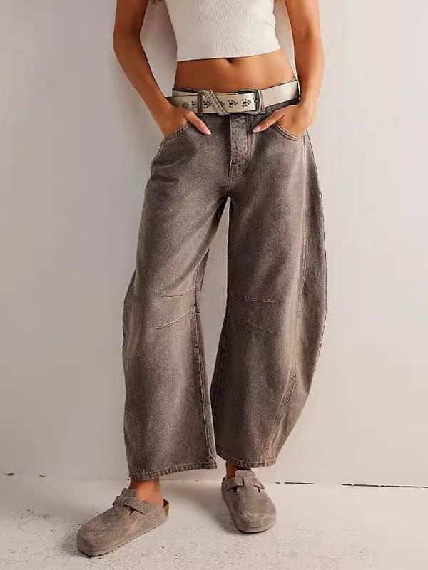 Barrel Leg Jeans For Women - Horseshoe Cut Baggy Wide Leg Denim Trousers With Seam Detail - Spring Casual Streetwear