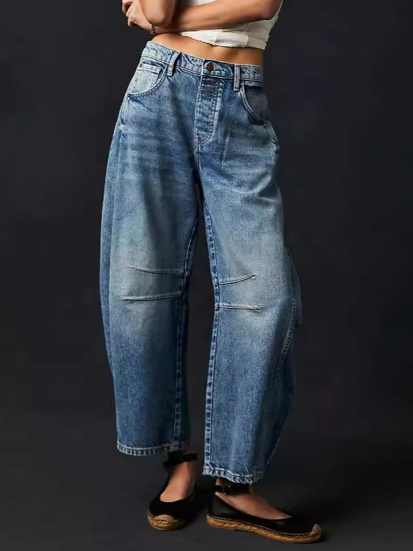 Horseshoe Barrel Jeans For Women - Baggy Wide Leg Washed Denim Trousers With Curved Seam - Spring Streetwear