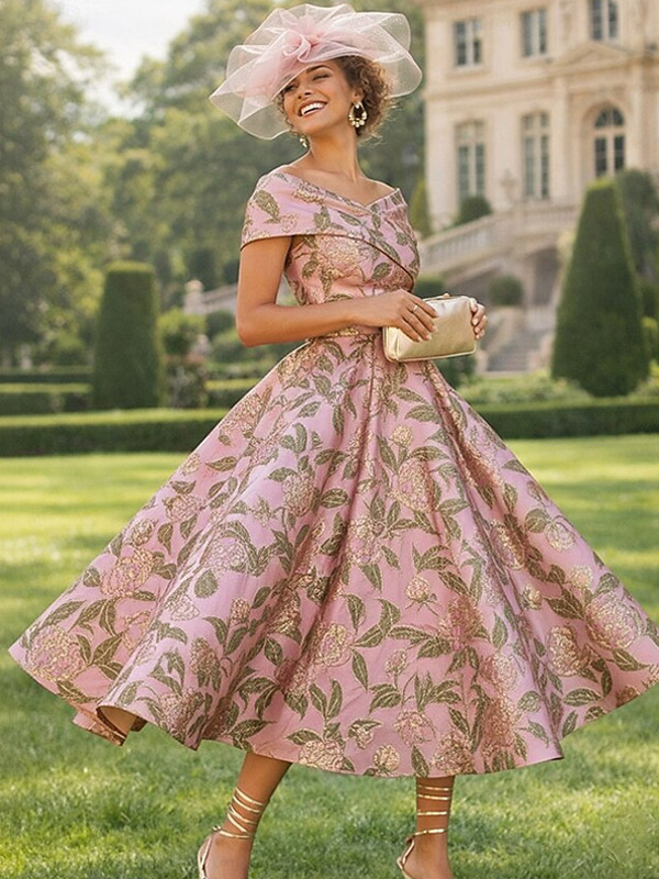 Party Dress For Mother Of The Bride Designed Neckline Short Sleeves A-Line Tea-Length Wedding Guest Dresses