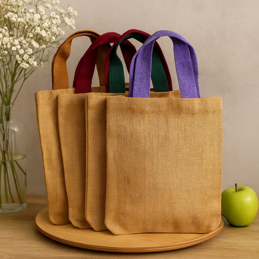 Jute Tote Bag, Red Handles