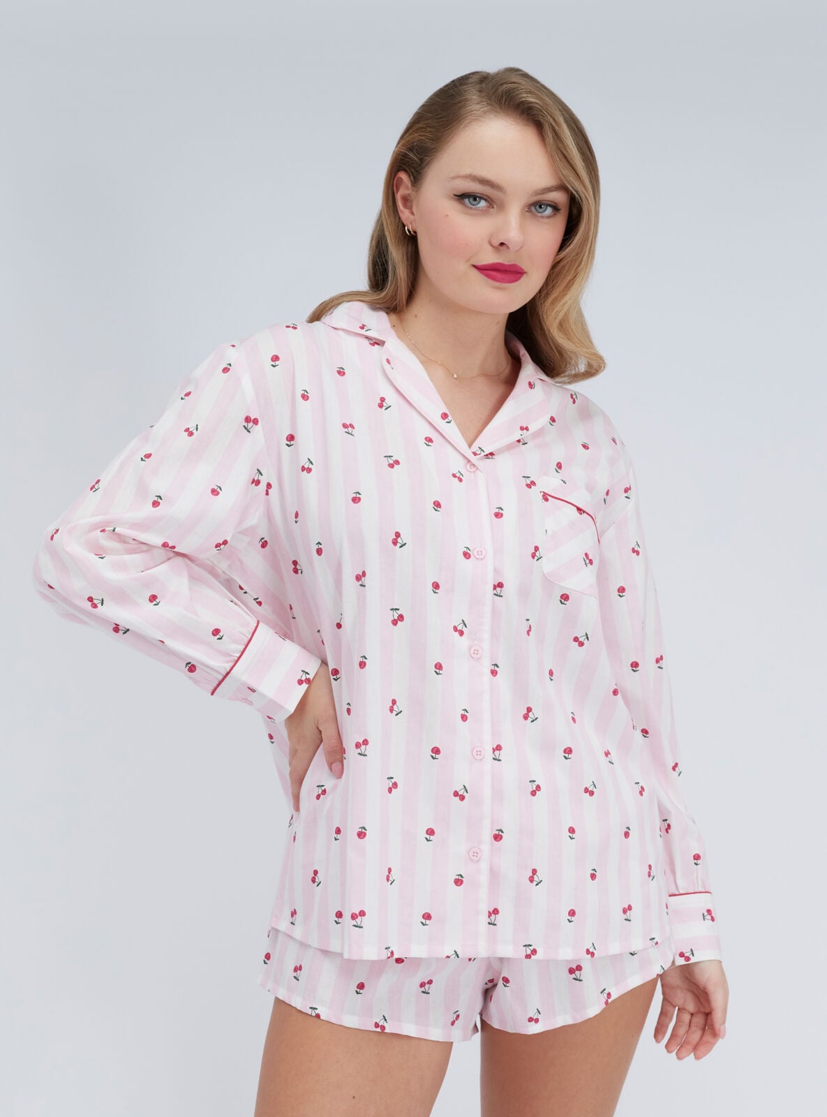 Boux Avenue Cherry stripe cotton short pyjamas - Pink Mix
