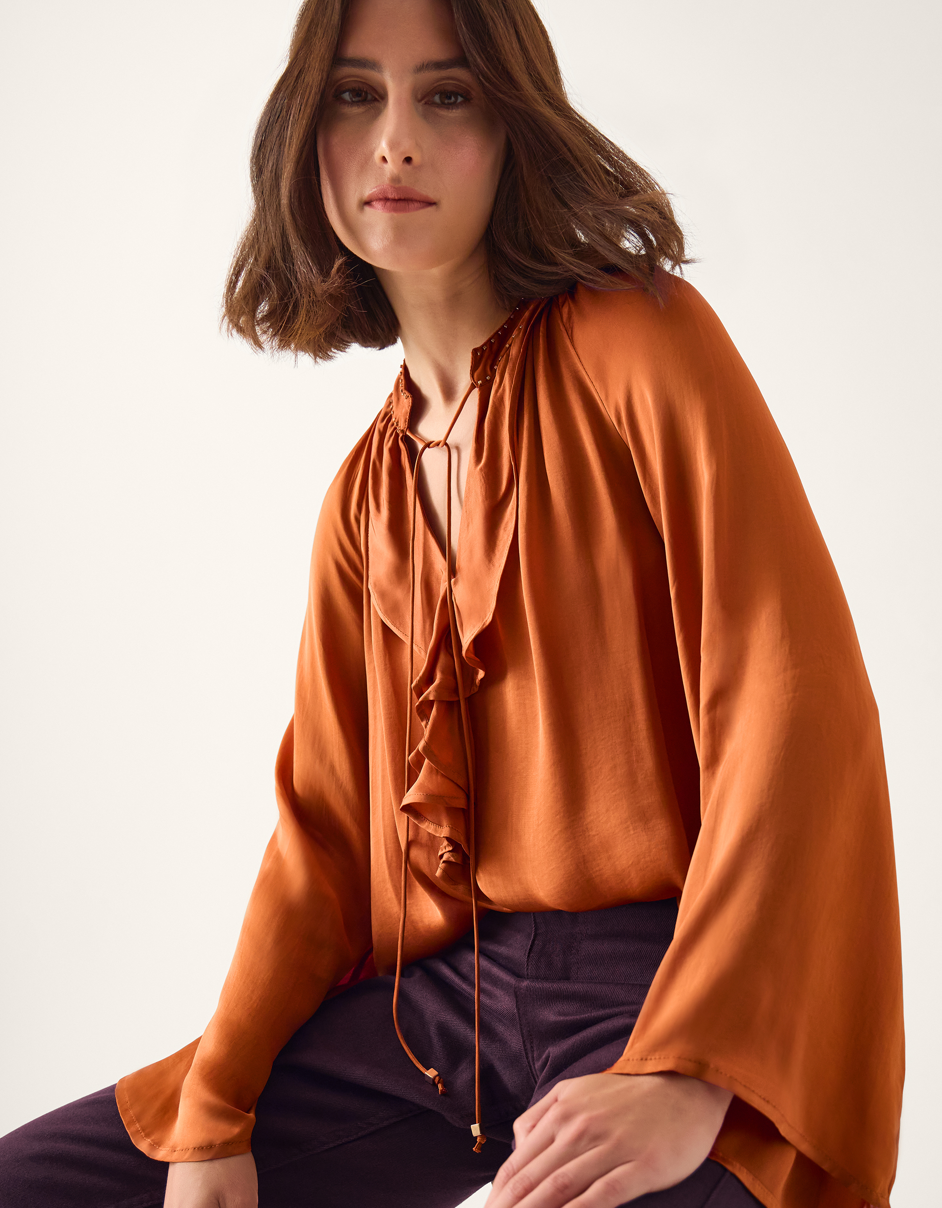 Arlette V-Neck Frill Satin Blouse Copper