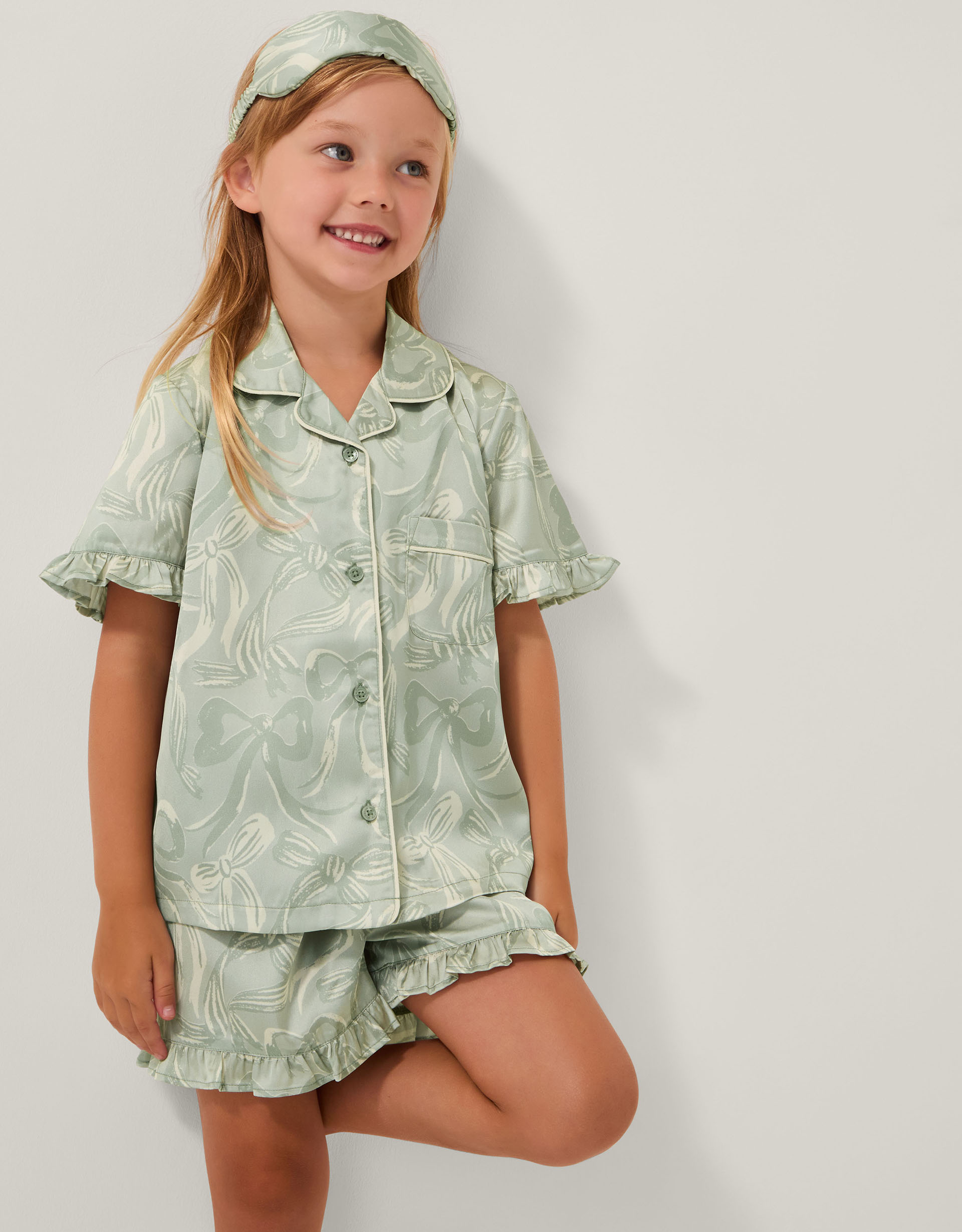 Bow Print Pyjamas & Sleep Mask Set Green