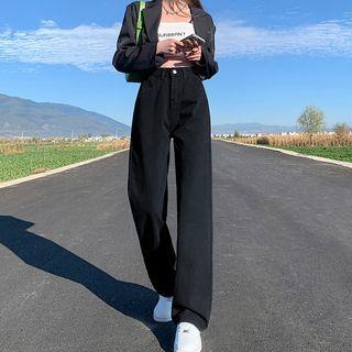 High Waist Washed Straight-Fit Wide-Leg Jeans Black -