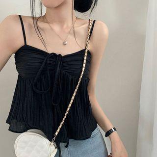 Spaghetti Strap Tie-Front Ruched See-Through Mesh Crop Cami Top Black