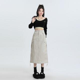 High Rise Plain Drawstring Midi A-Line Cargo Skirt White