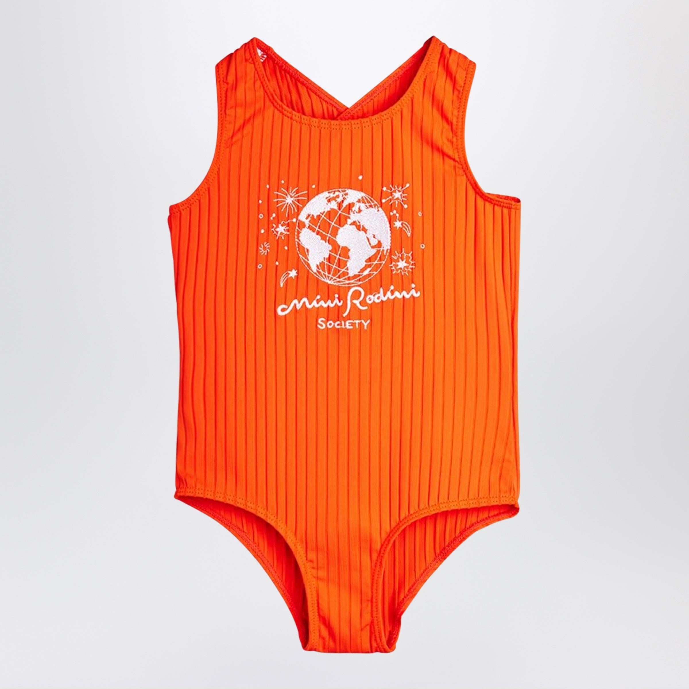 Red one-piece swimsuit with Society motif