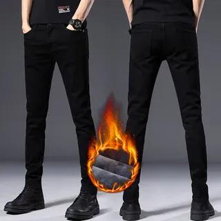 Mid Rise Plain Fleece-Lined Skinny Jeans FL - With Lining - Black