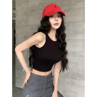 Open-Back Crew-Neck Crop Tank Top without Pad - Black