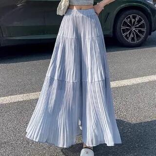 High Rise Plain Accordion Pleated Maxi A-Line Skirt Blue