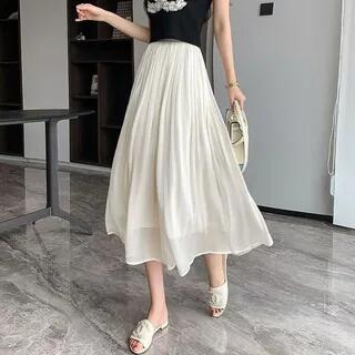 High Waist Plain Midi Pleated Skirt Beige